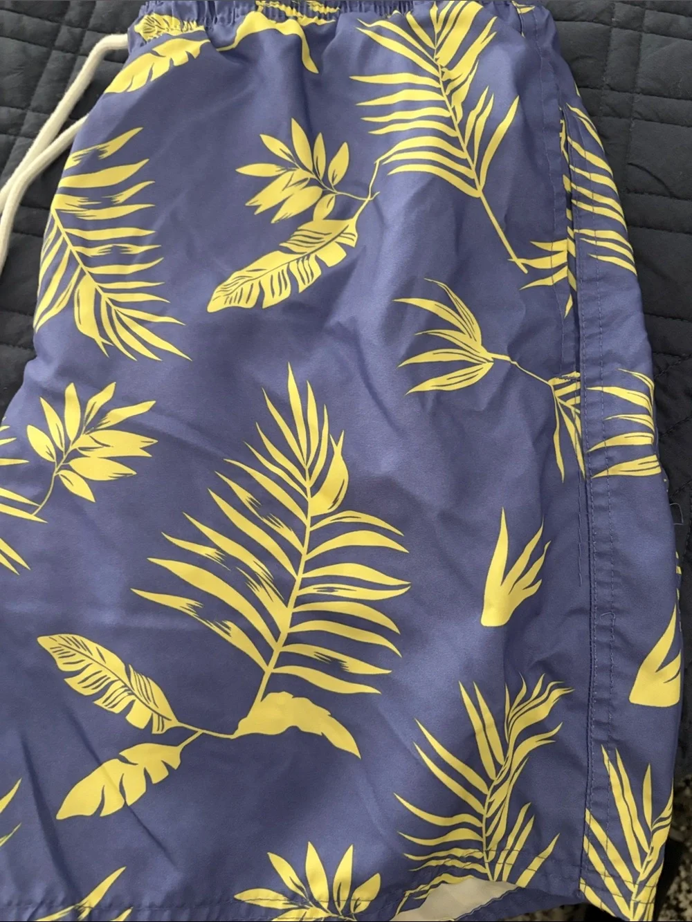 Navy Blue Swim Shorts with Yellow Leaf Print